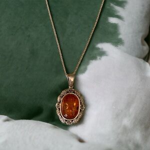 Very large Baltic amber vintage pendant in sterling silver